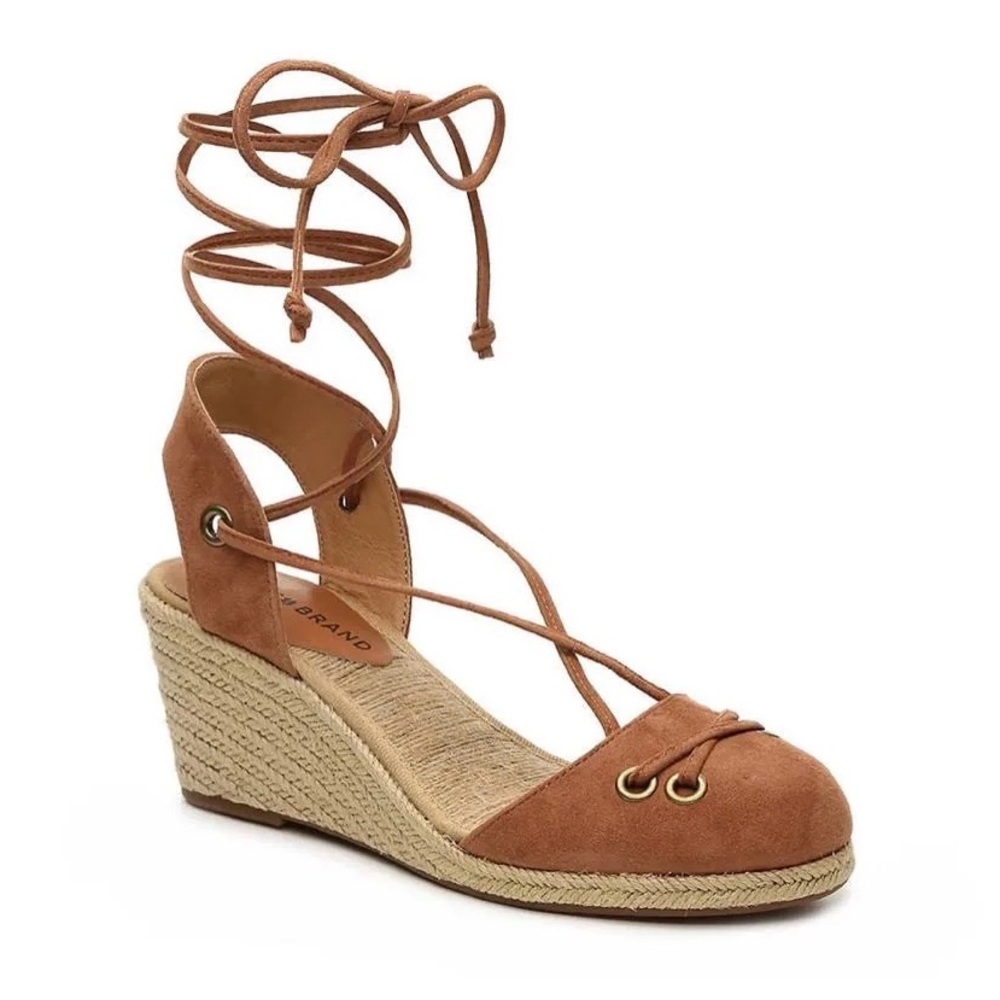 LUCKY BRAND KELLER Suede Platform Wedge Gladiator Lace Up Espadrille Tan Sandals